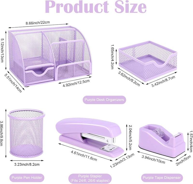AuraRay Purple Mesh Desk Organizer and Accessories, Purple Office Supplies 7 Compartments Desk Organizer with Stapler,Tape Dispenser,1000 Staples,Pen Holder,Staple Remover,Clips,Ruler,Scissors - Image 2